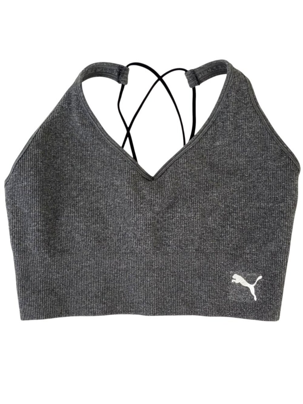 Puma Seamless Sports Bra Gray Womens M V-Neck Crisscross Strappy Back